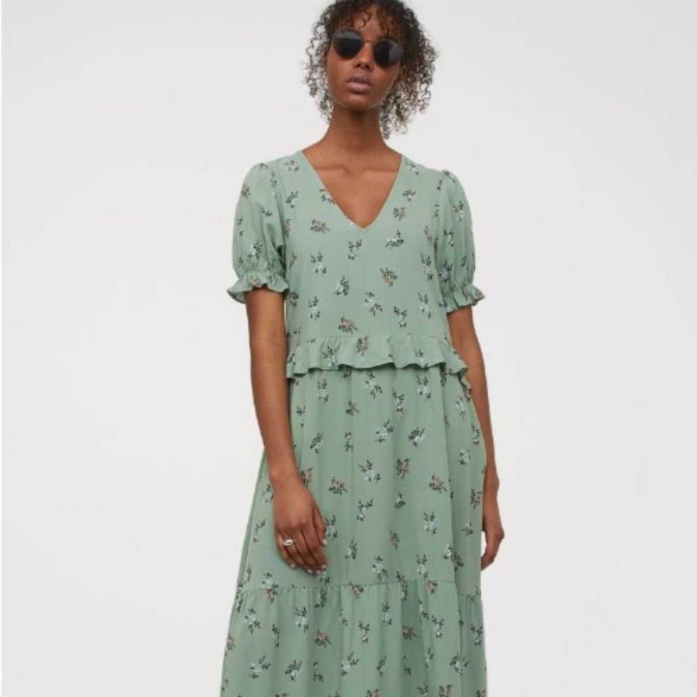 Spring Green Short Sleeve Flounce-Detail Dress